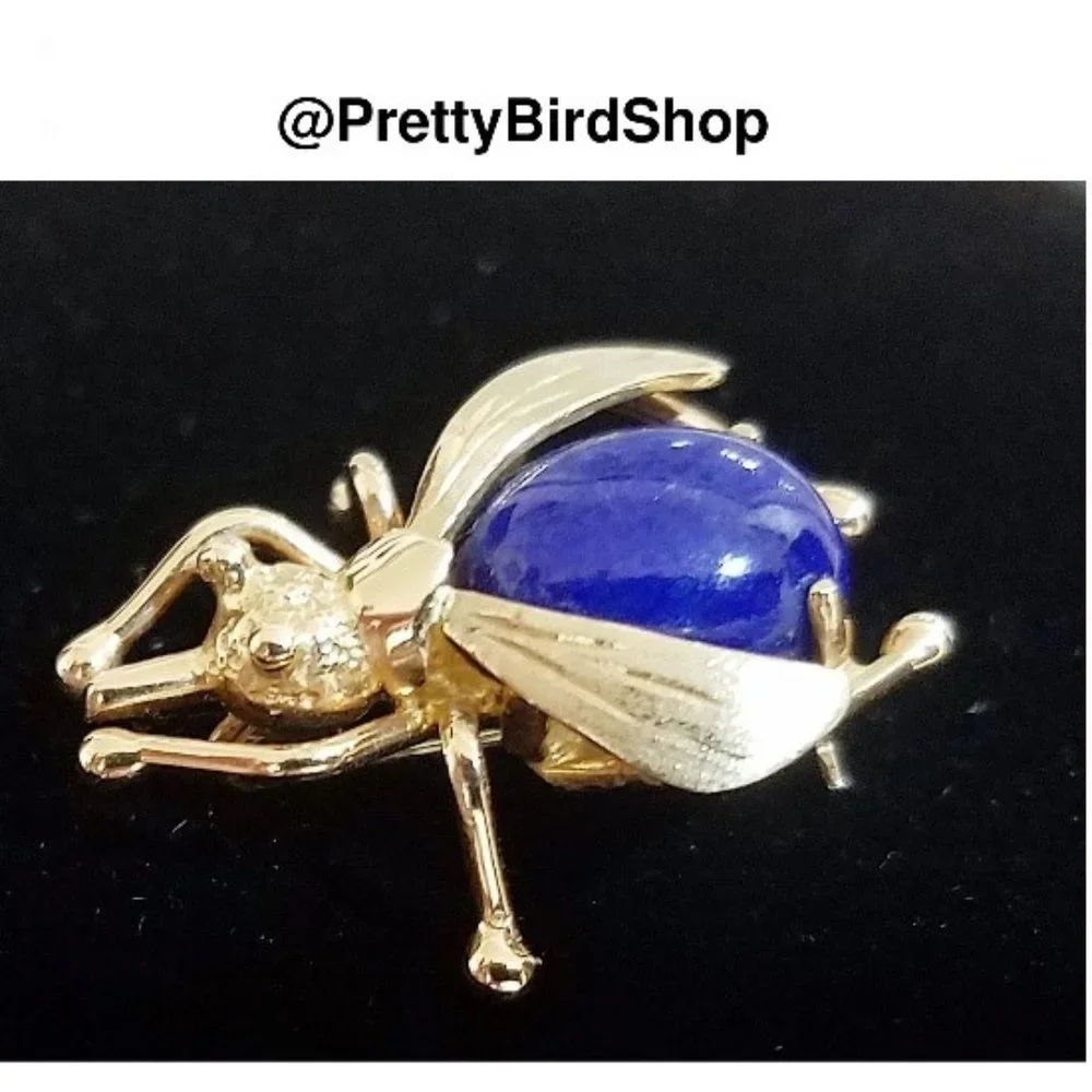 18K Gold Lapis Lazuli BEE Vintage pin new artisan RARE brooch animal bumblebee